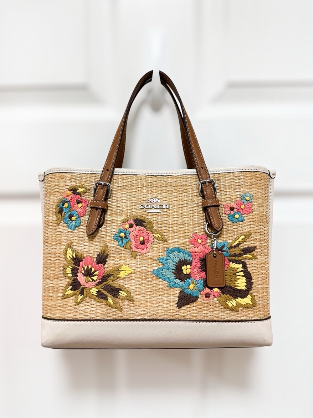 Coach Mollie Tote 25 Satchel Woven Straw Floral Embroidery CJ574